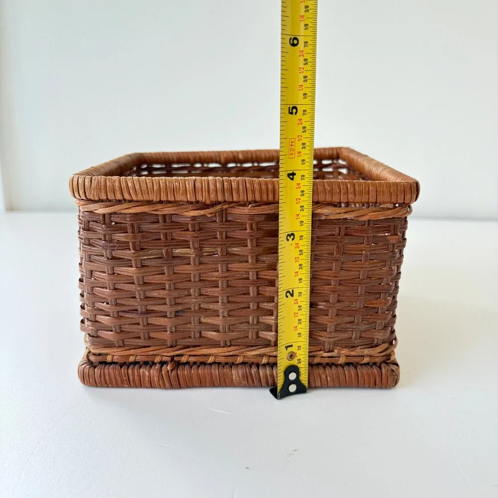 Vintage Square Wicker Storage Basket Brown Woven Rustic Home Decor Organizer